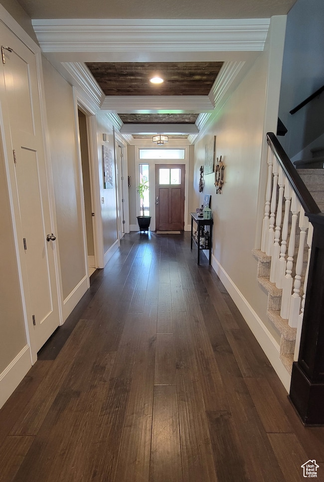 Foyer entrance featuring stairs, dark wood-style floors, and crown molding