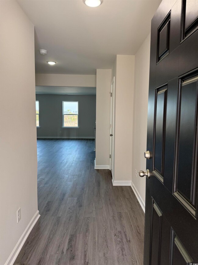 Entrance foyer with baseboards and dark wood finis