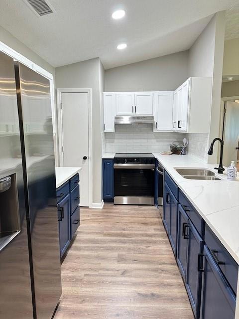 Kitchen featuring a sink, blue cabinets, stainless