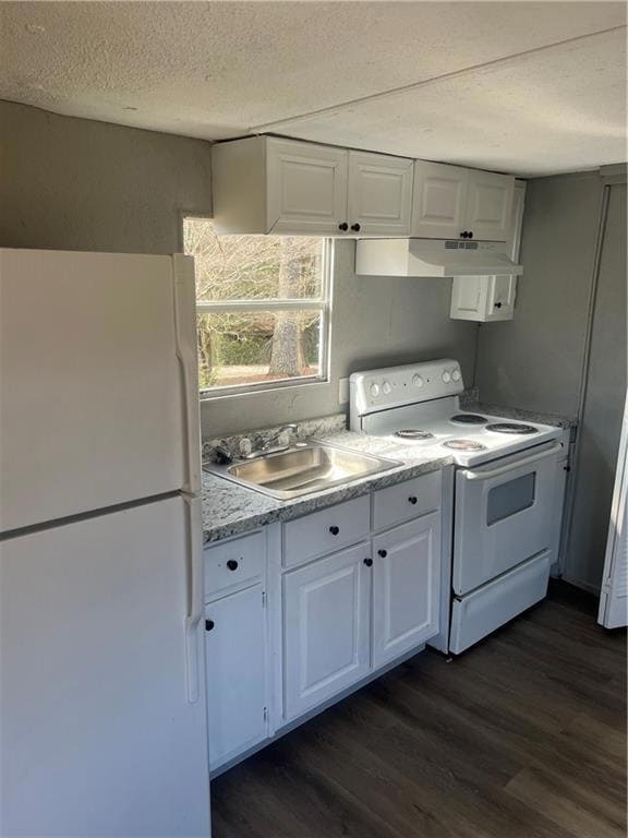 Kitchen with a sink, white cabinetry, ventilation hood, fridge, and range