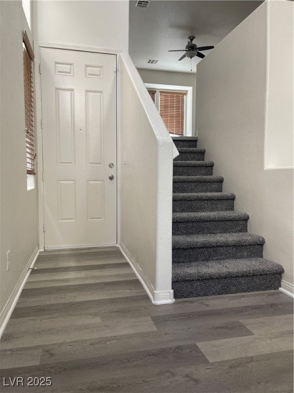 Stairs with wood finished floors, healthy amount of natural light, and a ceiling fan