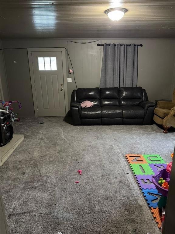Living area featuring carpet flooring