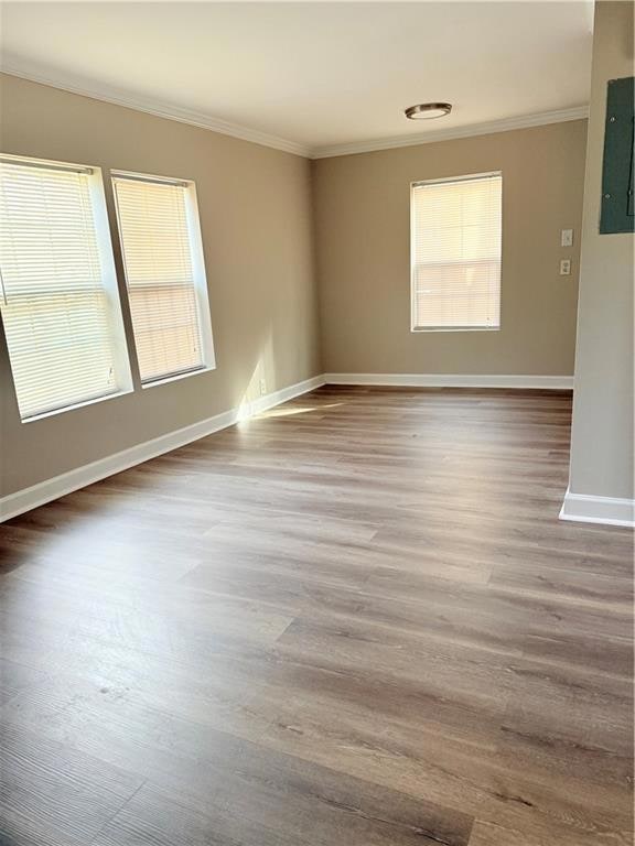 Spare room featuring electric panel, wood finished