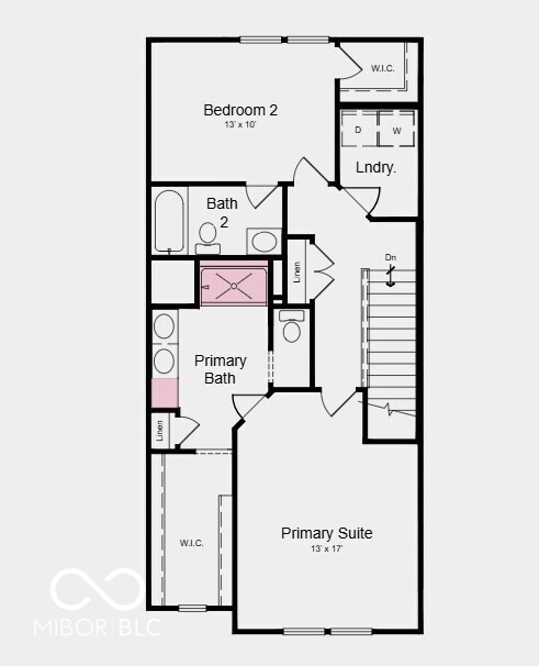 Third Floor Plan - Additional highlights include: covered deck with a sliding glass door, an expansive dual sink vanity in the primary bathroom, and water softener rough-in located on the first floor under the stairs