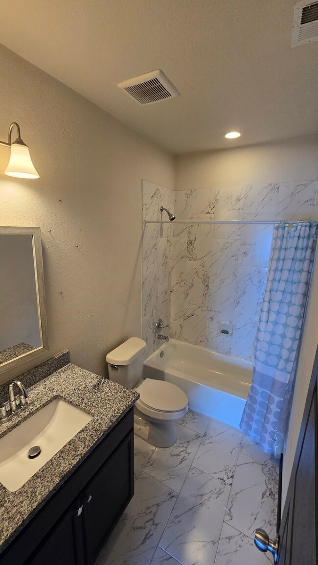 Tub Shower Combo, with a granite vanity and big mi