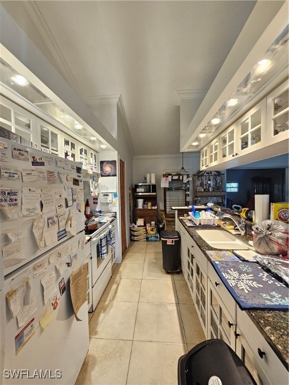 Kitchen featuring a sink, crown molding, refrigera