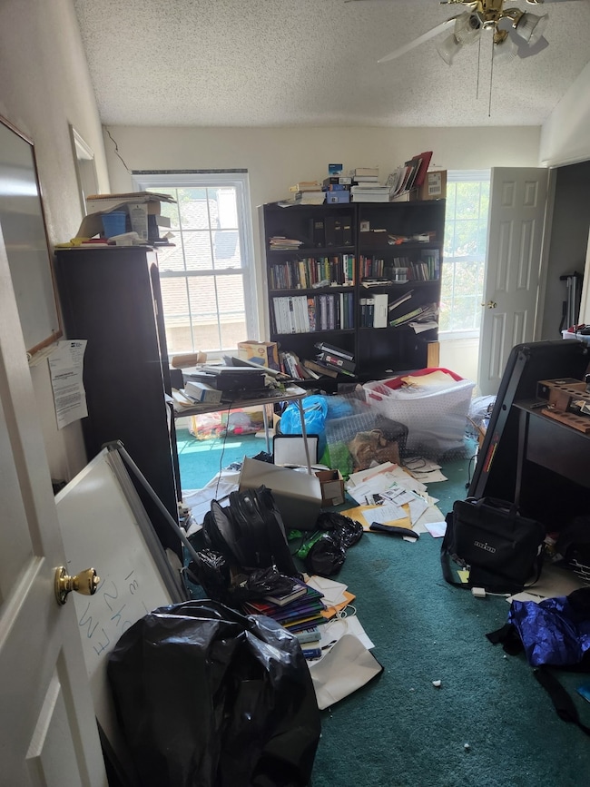 Home office with healthy amount of natural light, carpet, a textured ceiling, and a ceiling fan