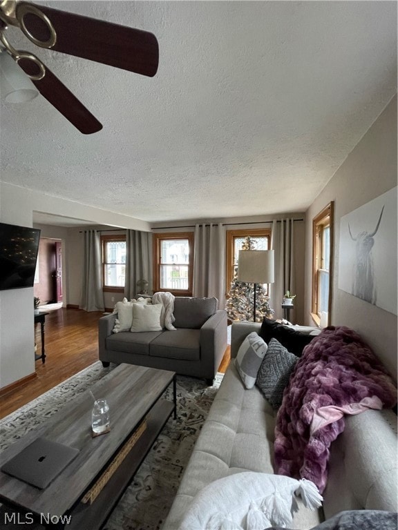 Living room with ceiling fan, dark hardwood / wood-style floors, and a textured ceiling