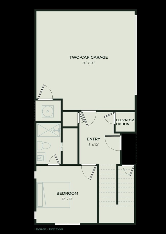 Horizon A - First Floor: Featuring a spacious two-car garage, cozy bedroom, and convenient entryway with elevator option, this layout combines functionality with comfort.