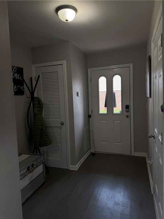 Foyer entrance featuring dark wood-style flooring
