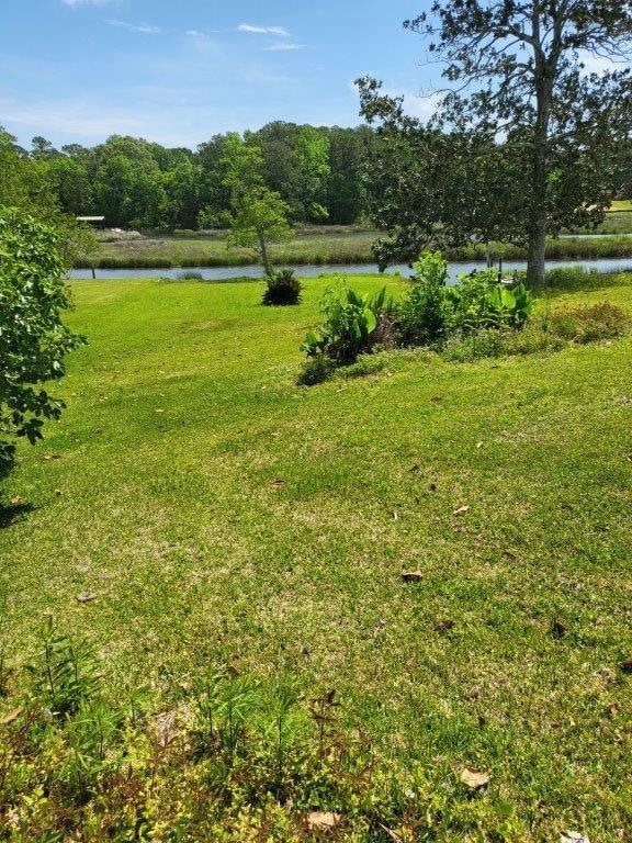 View of yard with a water view