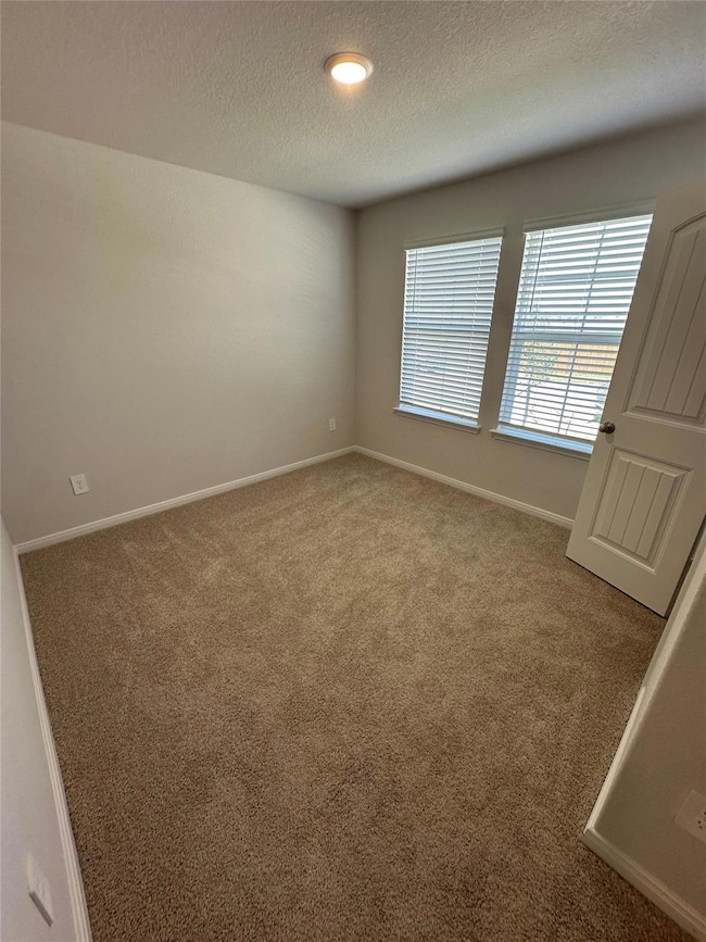 Carpeted spare room with a textured ceiling and b