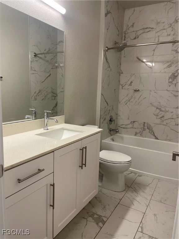 Bathroom with vanity, light marble finish floors, a combined bath / shower with marble appearance, and a textured wall