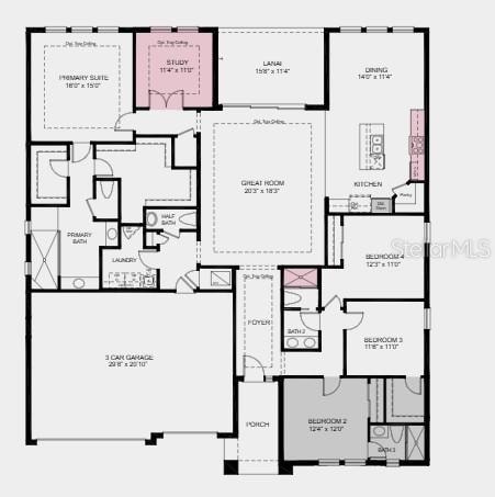 Additional Highlights Include: Tray ceiling at great room/study/primary suite/foyer, bath 3 in bedroom 2, shower in place of tub at bath 2, gourmet kitchen, 8' interior doors, study in place of flex, outdoor kitchen rough-in, and whole house blinds.