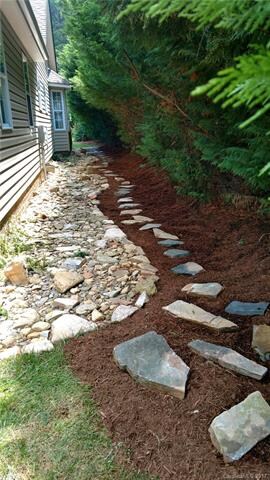 Large stepping stones pave the walkway between the home and the privacy wall of mature leyland cyress trees.