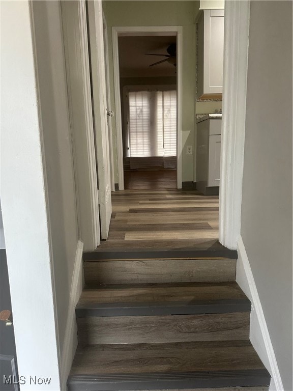 Staircase featuring wood finished floors and a ceiling fan