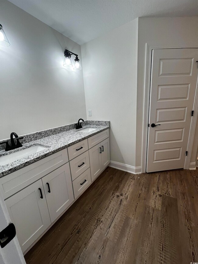 Bathroom with hardwood / wood-style floors, vanity
