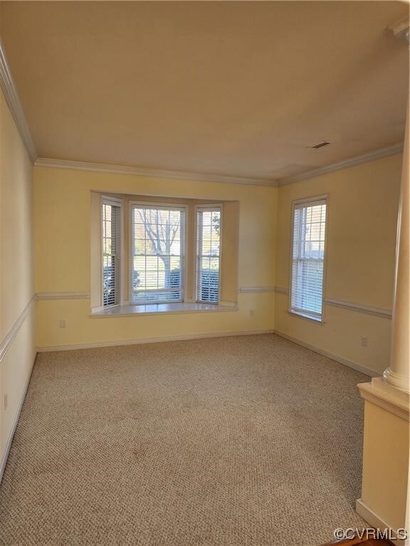 Carpeted spare room featuring crown molding, a healthy amount of sunlight, and decorative columns