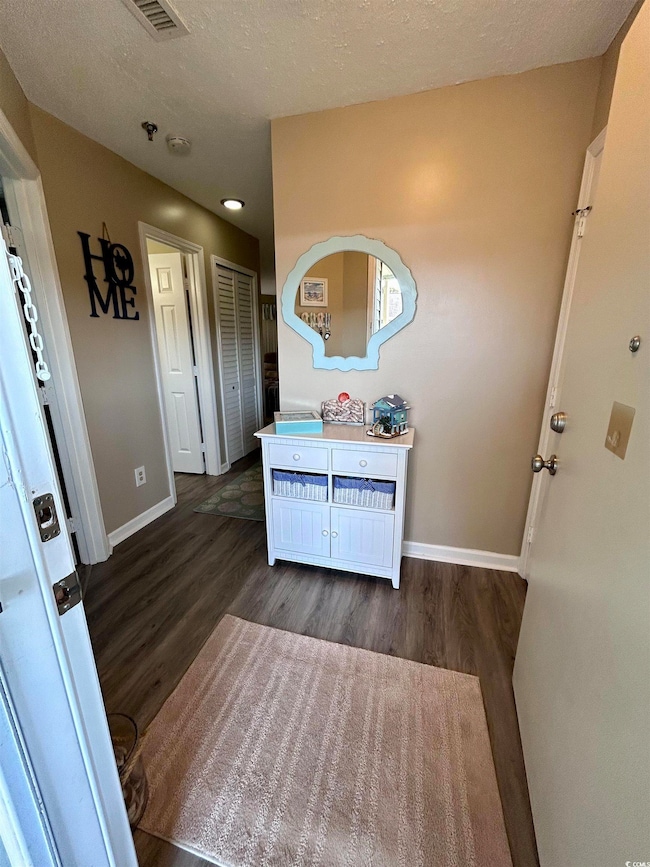 Entryway featuring dark wood-type flooring and a t