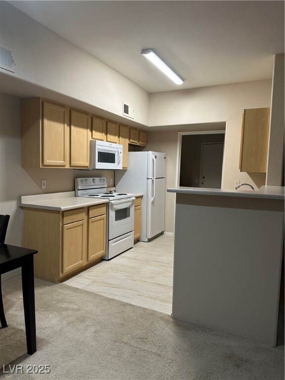 Kitchen with freestanding refrigerator, light carp