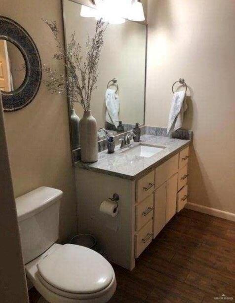 Bathroom featuring wood finished floors and vanity
