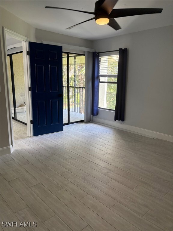 Unfurnished view of Primary bedroom with Spanish tile floor and ceiling fan