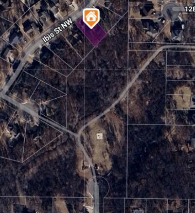 House highlighted in purple showing no neighbors behind and the walking path that leads to Woodland Oaks Park playground, pavilion, green space & basketball hoop.