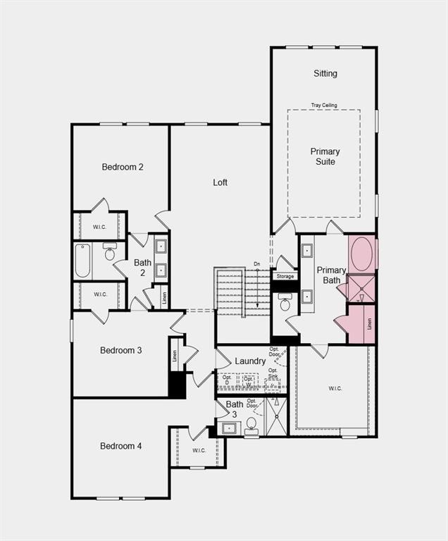 Second Floor Plan - Additional highlights include: unfinished walkout basement and primary bath with a soaking tub and a separate shower