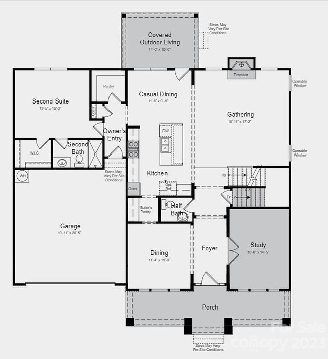 Structural options include: tray ceiling, second suite 2, shower ledge at owner's bath, study, covered outdoor living, door from owner's closet to laundry, additional windows, fireplace, rough-in for future wet bar at basement, finished walk-out basement with basement suite, steps to basement deck, and laundry sink.