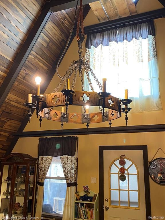 Detailed view of a wood ceiling with exposed beams
