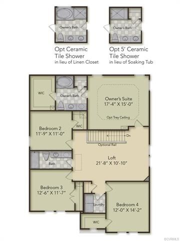 Second Floor Layout - home has the opt 5' ceramic tile shower in the Owner's bath.