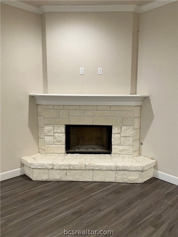 Stone veneer fireplace.