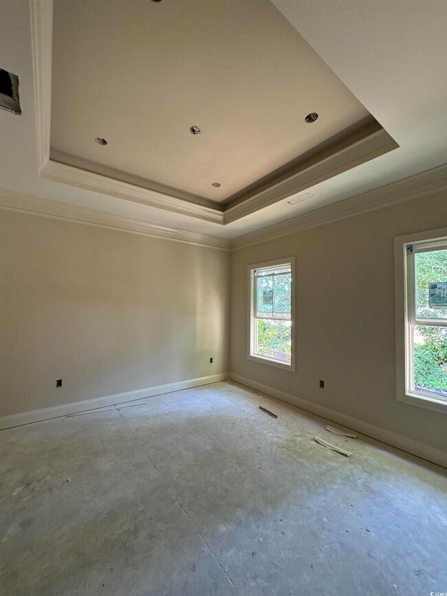 Spare room with a raised ceiling and crown molding