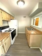Kitchen featuring wood-type flooring, light brown cabinets, white range with electric stovetop, and sink