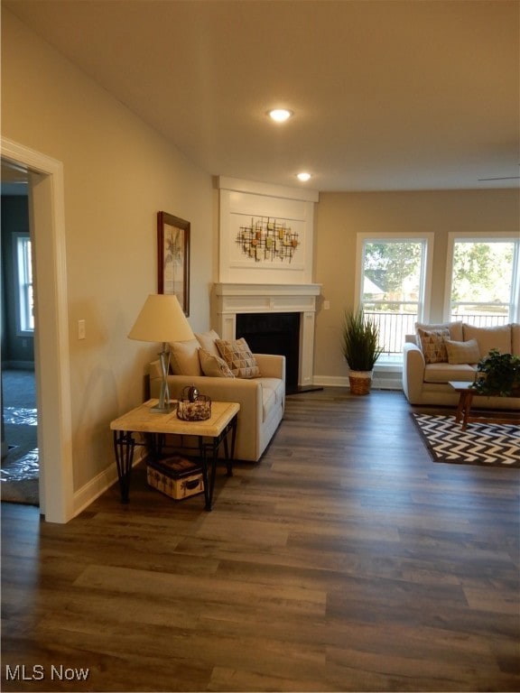 Living room with dark wood-type flooring, recessed lighting, and a fireplace