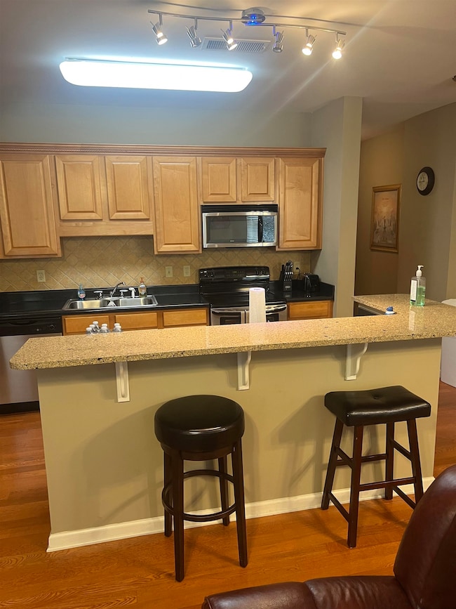 Kitchen with appliances with stainless steel finishes, a sink, dark wood-style floors, and backsplash