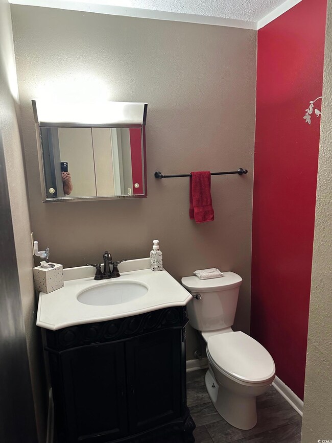 Bathroom featuring vanity, hardwood / wood-style f