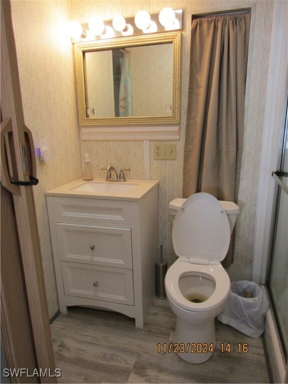Bathroom featuring wood-type flooring, vanity, and