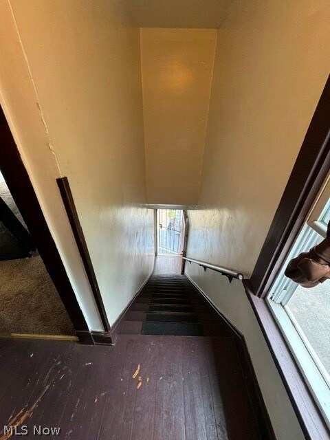 Stairs featuring hardwood / wood-style floors