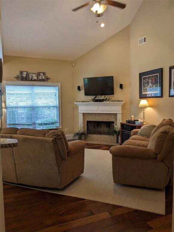 Beautiful wood flooring & woodburning fireplace