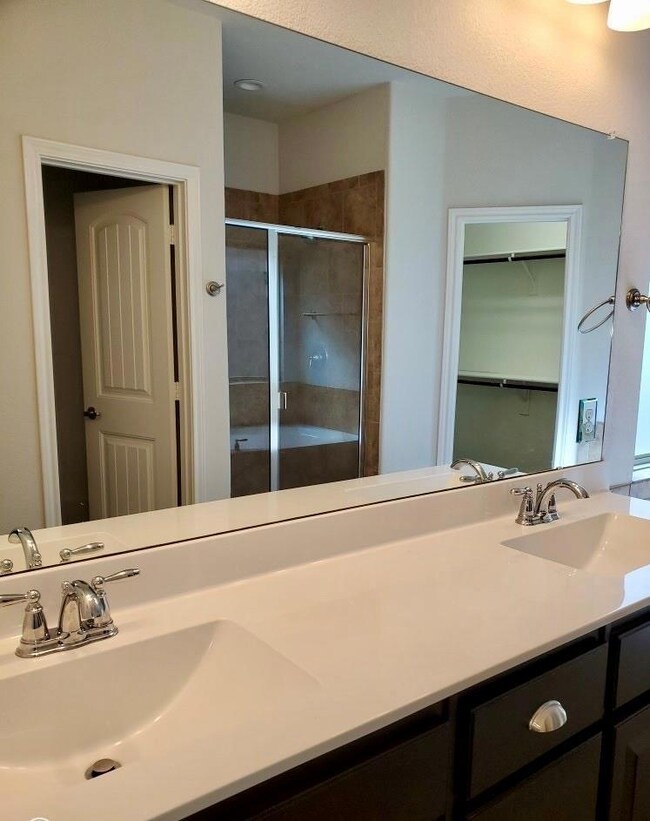 Bathroom with an enclosed shower and dual bowl vanity