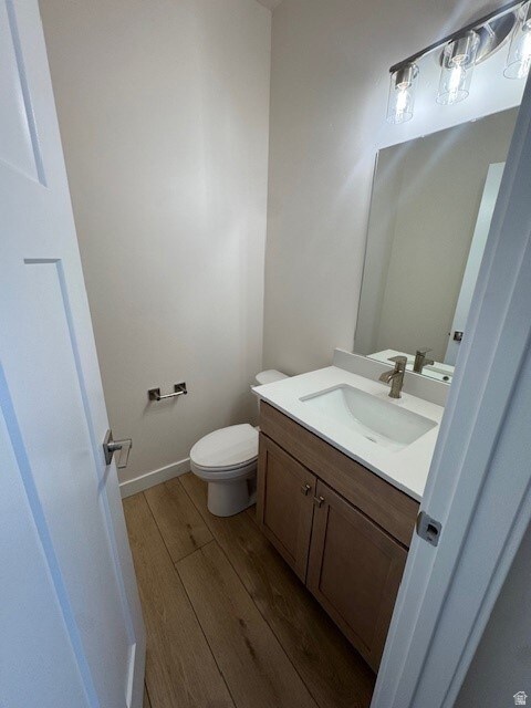 Bathroom featuring dark wood-style flooring and vanity