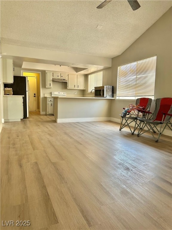 Living area with a textured ceiling, light wood-st