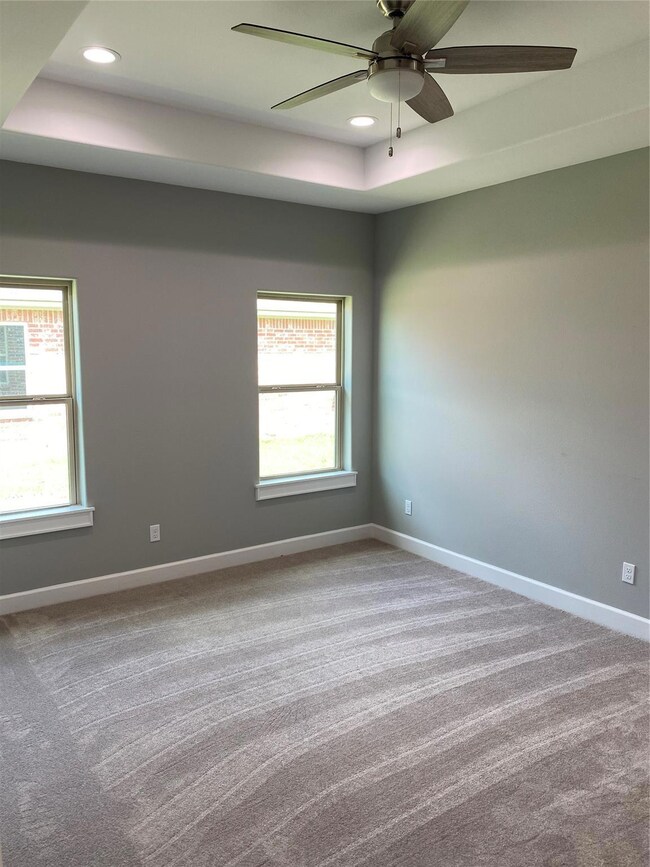 Spare room with light colored carpet, a raised cei
