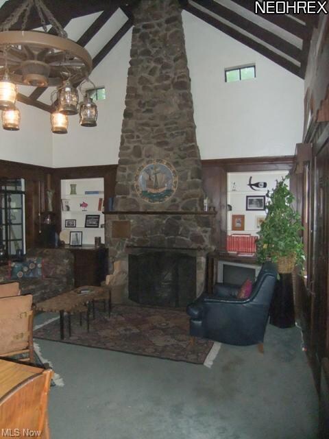 Great room features neutral dÃ©cor, beautiful ston