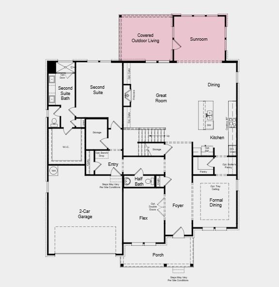 First Floor Plan - Additional highlights include: a sunroom with a covered back patio, and a separate tub and walk-in shower in the primary bathroom