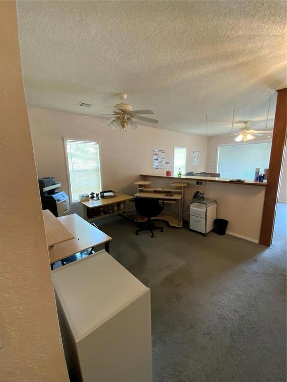 Office featuring ceiling fan, carpet floors, and a