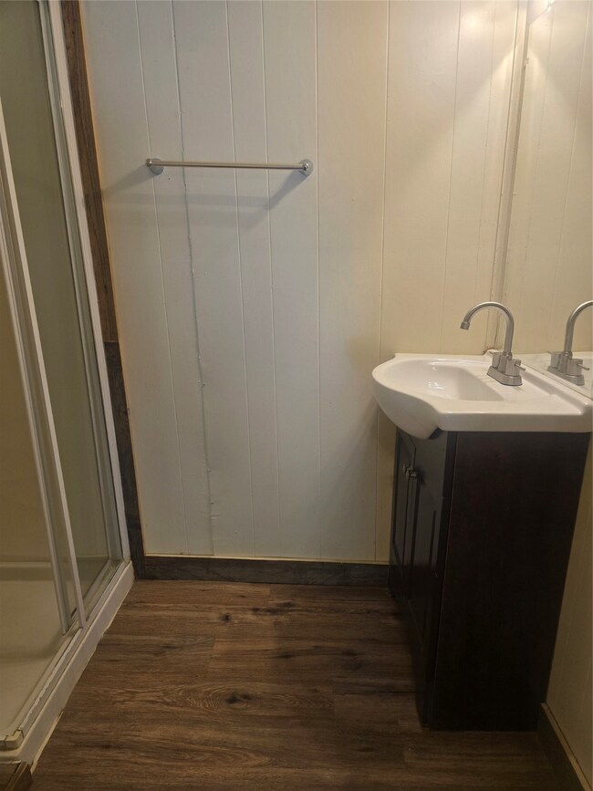 Full bathroom featuring vanity, dark wood-style floors, and a stall shower