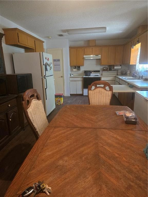 Kitchen featuring stove, extractor fan, a sink, fr