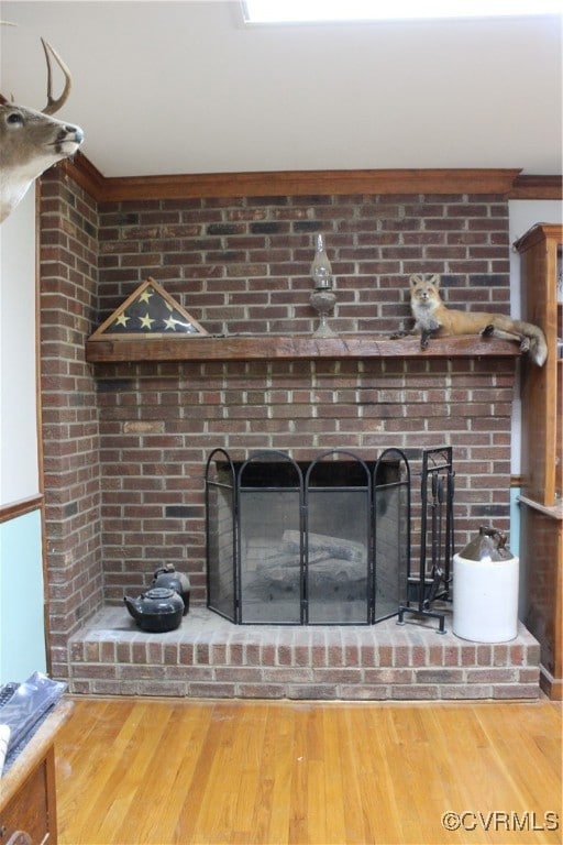Detailed view of a fireplace, wood finished floors